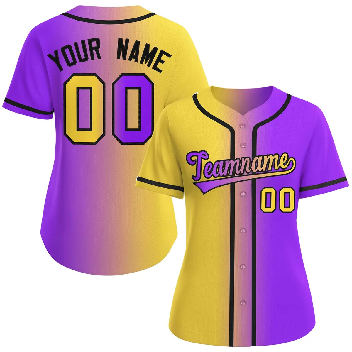 Women's Gold Purple-Black Gradient Fashion Baseball Jersey