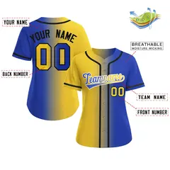 Women's Gold Royal-White Gradient Fashion Baseball Jersey 2