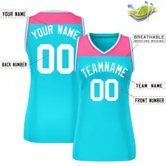 Women's Pink Powder Blue Color Block Mesh Basketball Jersey 2
