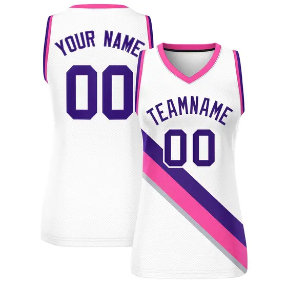 Women's White Pink-Purple Thick Slash Mesh Basketball Jersey