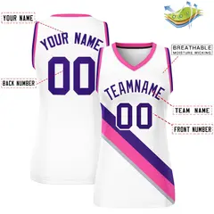 Women's White Pink-Purple Thick Slash Mesh Basketball Jersey 2