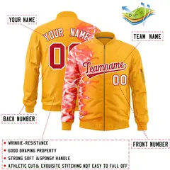 Yellow 3D Flame Full-Zip Varsity Letterman Bomber Jacket 2