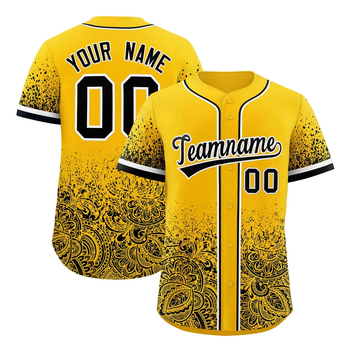 Yellow Black Floral Gradient Full Button Baseball Jersey
