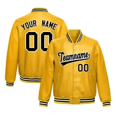 Yellow Black Full-Snap Faux Leather Varsity Letterman Jacket 1