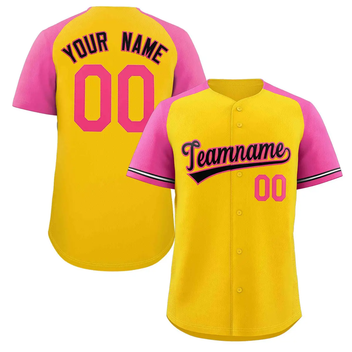 Yellow Black-Pink Raglan Sleeves Authentic Baseball Jersey