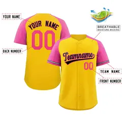 Yellow Black-Pink Raglan Sleeves Authentic Baseball Jersey 2