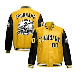 Yellow Black Raglan Full-Snap Faux Leather Letterman Jacket 1
