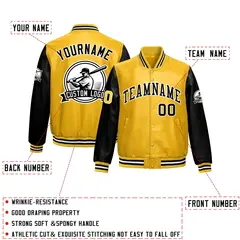 Yellow Black Raglan Full-Snap Faux Leather Letterman Jacket 2