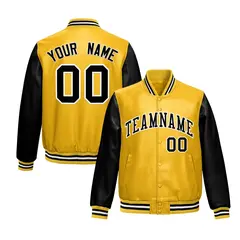 Yellow Black Raglan Full-Snap Varsity Faux Leather Letterman Jacket