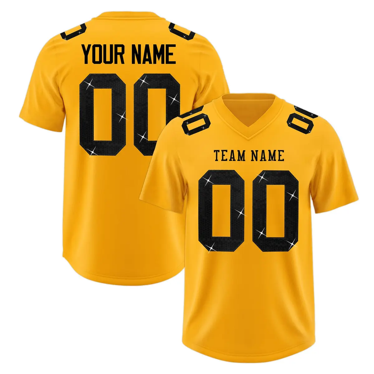 Yellow Black Sequin Lettering Football Jersey