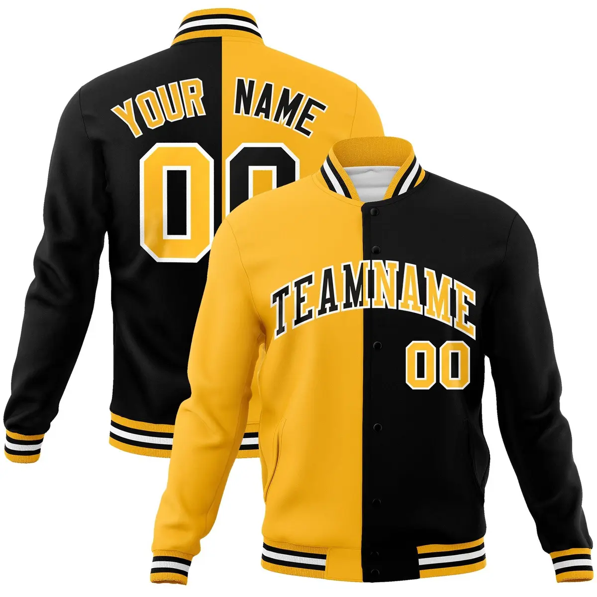 Yellow Black Two Tone Split Full-Snap Varsity Letterman Jacket