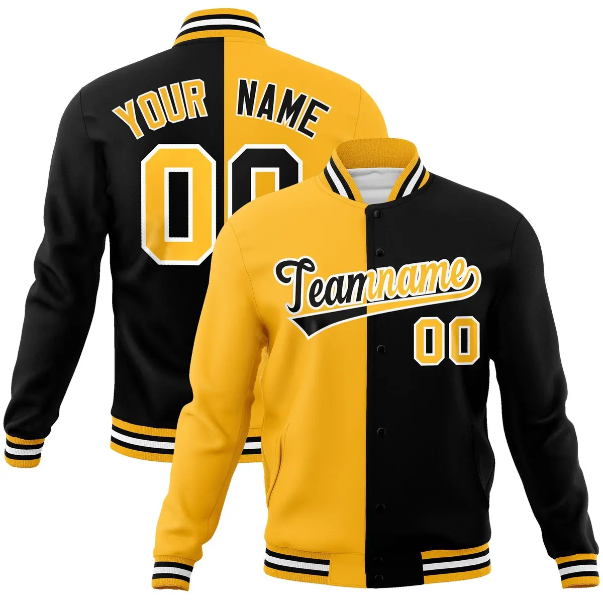 Yellow Black Two Tone Split Full-Snap Varsity Letterman Jacket