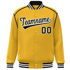 Yellow Black-White Color Block Ribbon Varsity Bomber Jacket 3