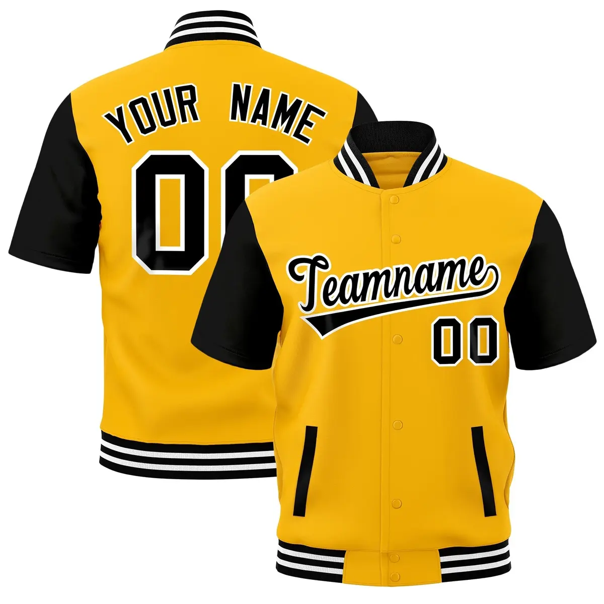 Yellow Black White Full-Snap Short Sleeve Varsity Jacket