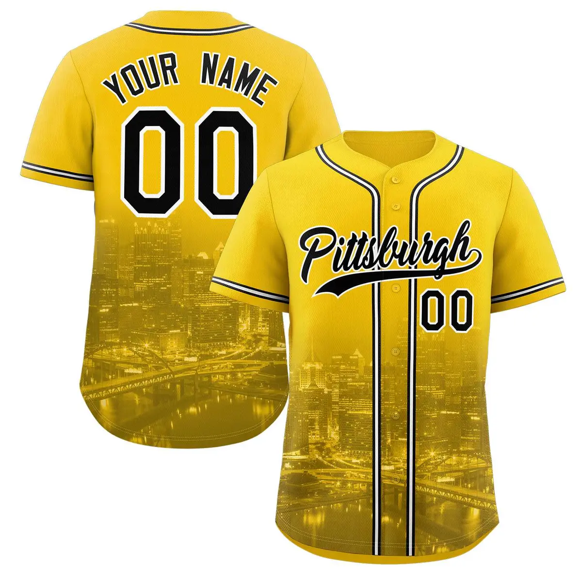 Yellow Black-White Pittsburgh City Skyline Baseball Jersey
