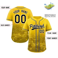 Yellow Black-White Pittsburgh City Skyline Baseball Jersey 2