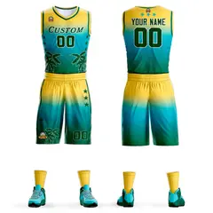 Yellow Blue-Aqua Gradient Coconut Palm Pattern Basketball Jersey