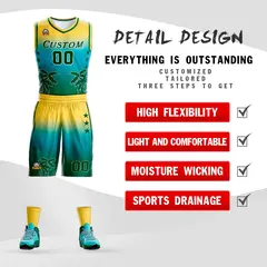 Yellow Blue-Aqua Gradient Coconut Palm Pattern Basketball Jersey 2