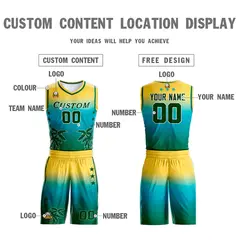 Yellow Blue-Aqua Gradient Coconut Palm Pattern Basketball Jersey 3