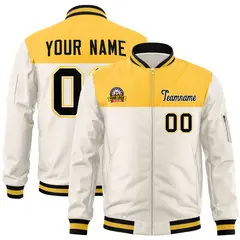 Yellow Cream Color Block Letterman Varsity Full-Zip Bomber Jacket