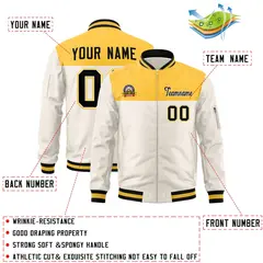 Yellow Cream Color Block Letterman Varsity Full-Zip Bomber Jacket 2