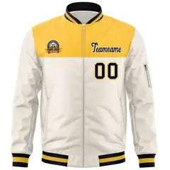 Yellow Cream Color Block Letterman Varsity Full-Zip Bomber Jacket 3