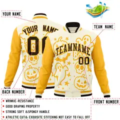 Yellow Cream Gold Halloween Bats Pumpkins Ghost Letterman Jacket 2