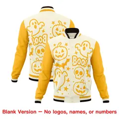 Yellow Cream Gold Halloween Bats Pumpkins Ghost Letterman Jacket 7