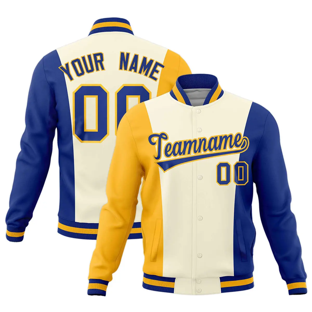 Yellow Cream Royal Blue Three-Color Block Varsity Letterman Jacket