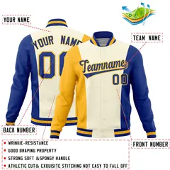 Yellow Cream Royal Blue Three-Color Block Varsity Letterman Jacket 2