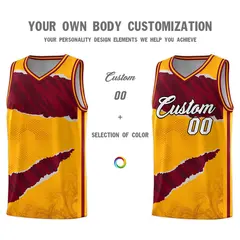 Yellow Crimson-Black Tear Graffiti Basketball Jersey 3