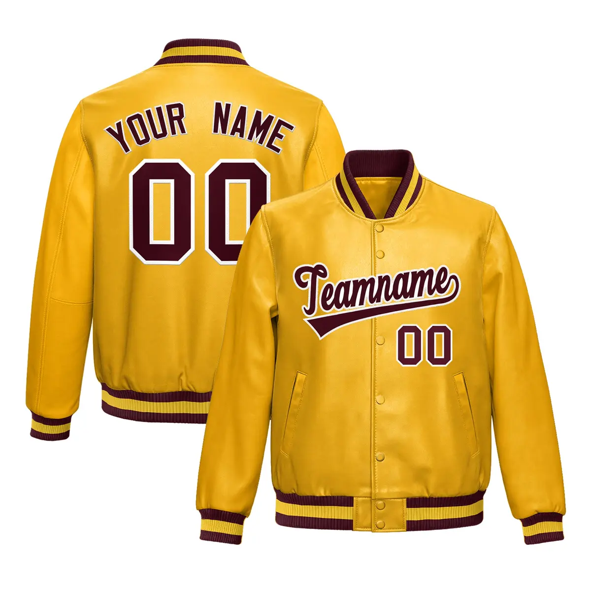 Yellow Crimson Full-Snap Faux Leather Varsity Letterman Jacket