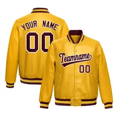 Yellow Crimson Full-Snap Faux Leather Varsity Letterman Jacket 1