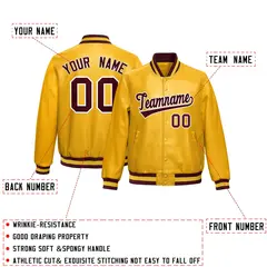 Yellow Crimson Full-Snap Faux Leather Varsity Letterman Jacket 2