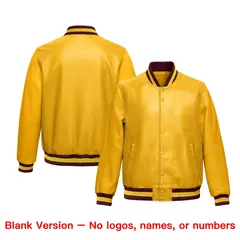 Yellow Crimson Full-Snap Faux Leather Varsity Letterman Jacket 6
