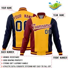 Yellow Crimson Navy Three-Color Block Varsity Letterman Jacket 2