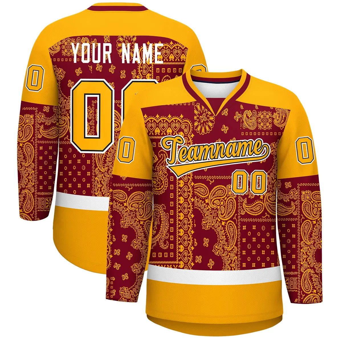 Yellow Crimson White Cashew Flower Graffiti V-Neck Hockey Jersey