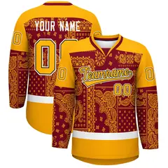 Yellow Crimson White Cashew Flower Graffiti V-Neck Hockey Jersey