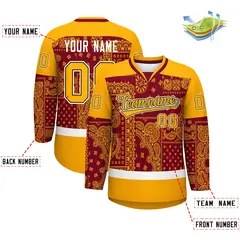 Yellow Crimson White Cashew Flower Graffiti V-Neck Hockey Jersey 2