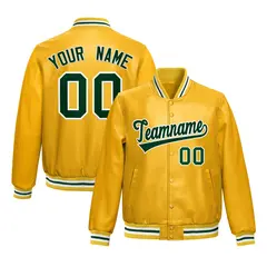 Yellow Dark Green Full-Snap Faux Leather Varsity Letterman Jacket 1