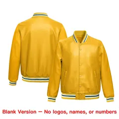 Yellow Dark Green Full-Snap Faux Leather Varsity Letterman Jacket 6