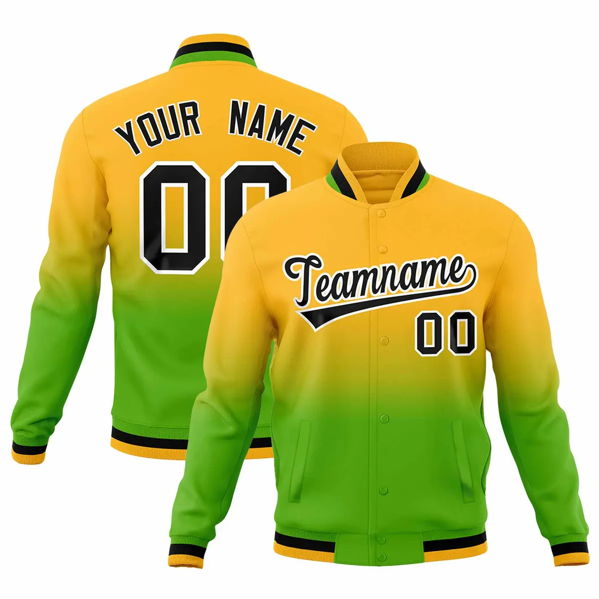 Yellow Green Gradient Full-Snap Varsity Letterman Jacket
