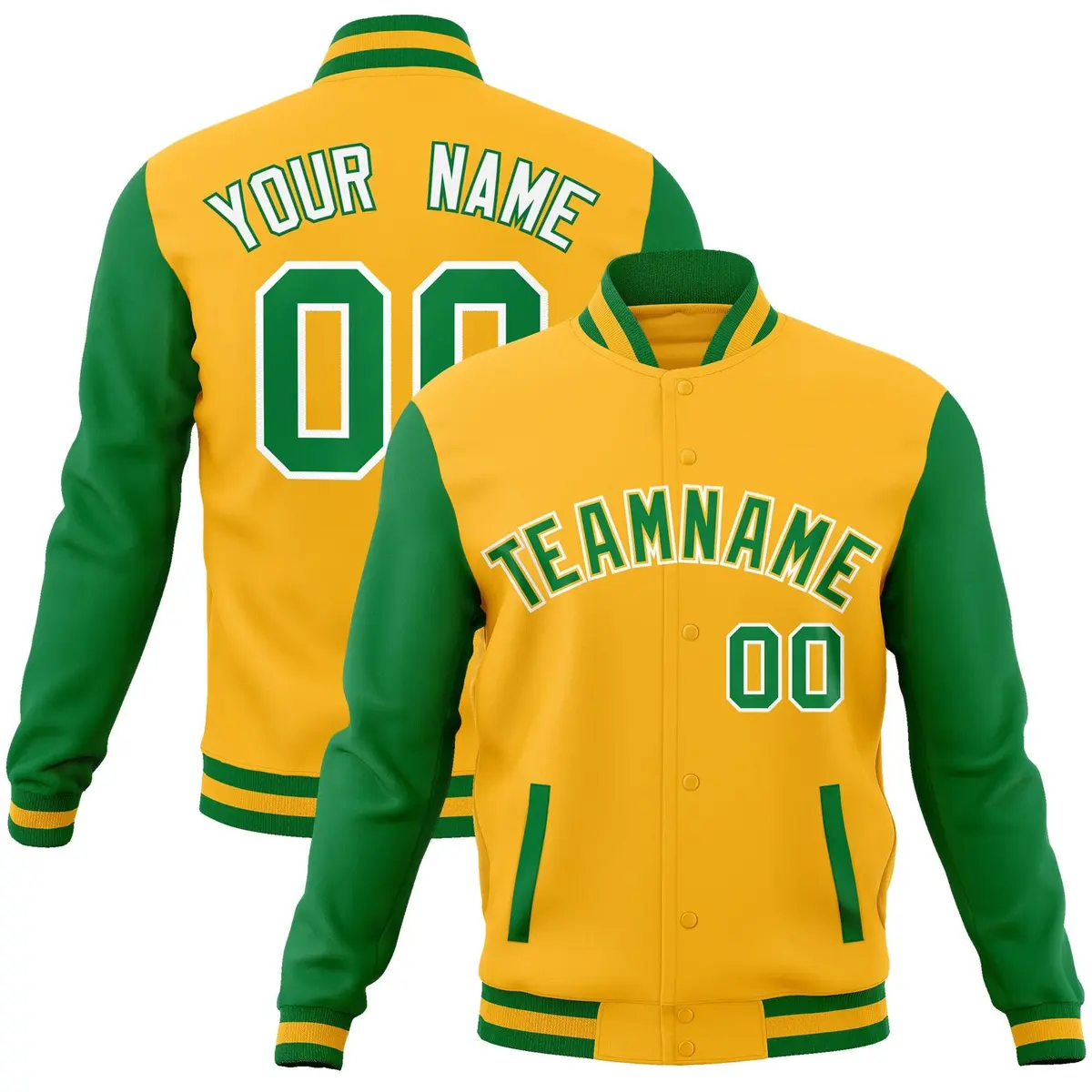 Yellow Green-Yellow Raglan Varsity Full-Snap Letterman Jacket