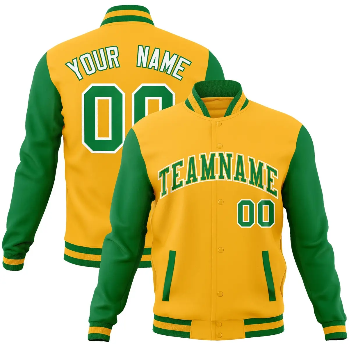 Yellow Green-Yellow Raglan Varsity Full-Snap Letterman Jacket