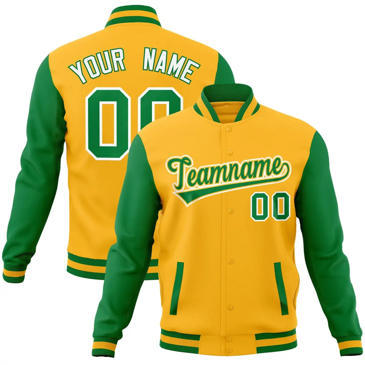 Yellow Green-Yellow Raglan Varsity Full-Snap Letterman Jacket