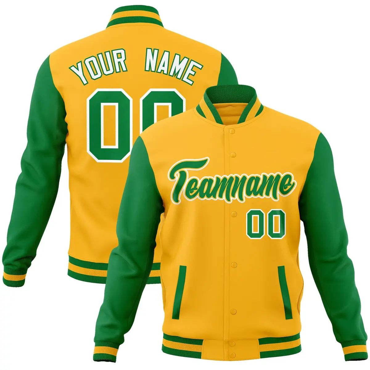 Yellow Green-Yellow Raglan Varsity Full-Snap Letterman Jacket