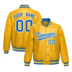 Yellow Light Blue Full-Snap Varsity Faux Leather Letterman Jacket