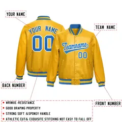 Yellow Light Blue Full-Snap Varsity Faux Leather Letterman Jacket 2