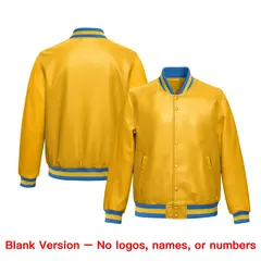 Yellow Light Blue Full-Snap Varsity Faux Leather Letterman Jacket 6