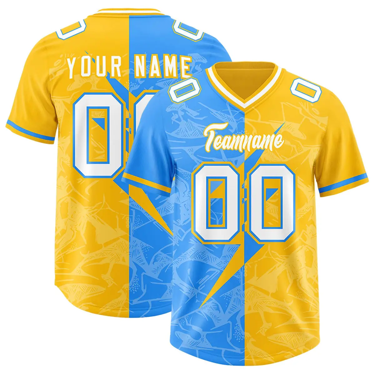 Yellow Light Blue Split Lightning Pattern Football Jersey
